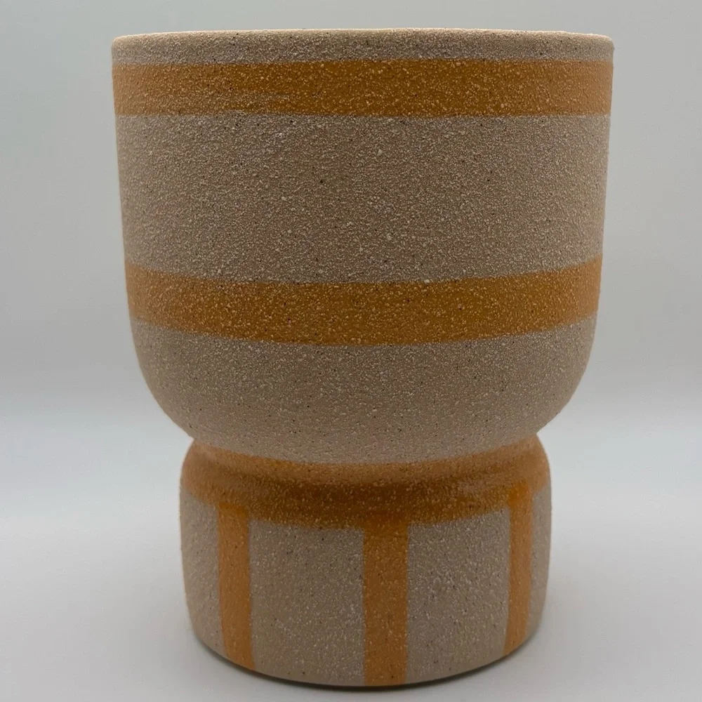 Stoneware Textured Pedestal Planter Pot Vase Orange & Beige Tan Stripes Neutral